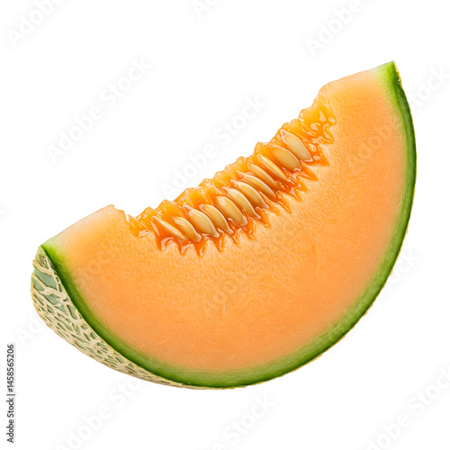 Melon slice with bright orange flesh and seeds visible, isolated on transparent background, perfect for tropical food designs, healthy eating recipes, and vibrant fruit photography.