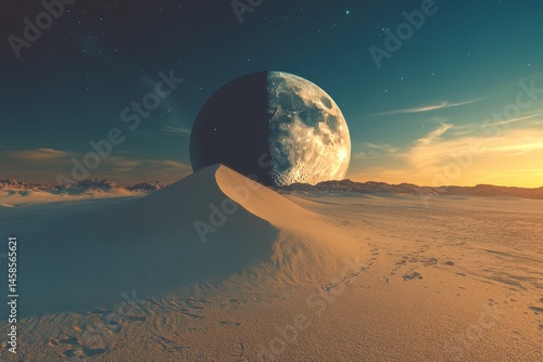 Desert Circle. Sun and Moon Composite in Day to Night Concept of Desert Landscape