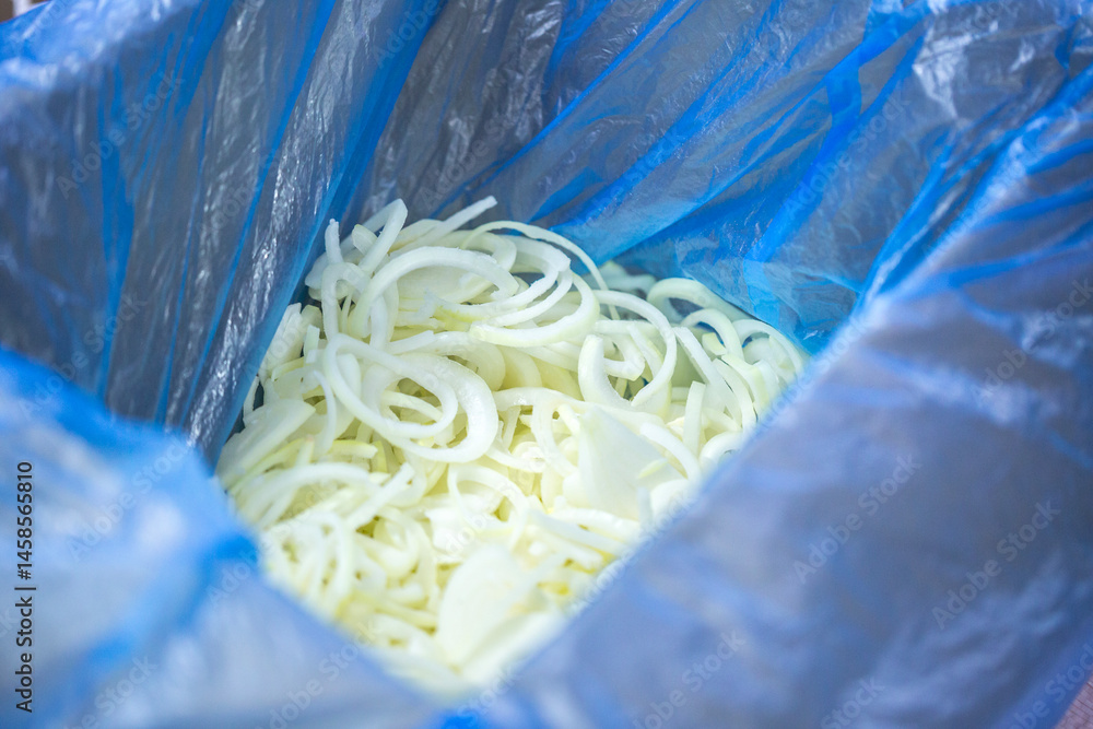 Close-up of shock-frozen onion rings and half-rings with a thin ice coating. Are prepared for retail packaging to ensure extended shelf life in supermarkets and maintain perishable harvest quality.