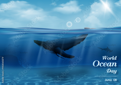 Poster illustration campaign of world ocean day with scene of under the sea and ocean, cloudscape and vector design.