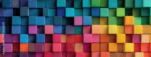 A colorful arrangement of wooden cubes organized in a gradient pattern, creating a vibrant and artistic geometric display.