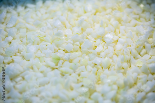 Obraz na płótnie Close-up of shock-frozen chopped onion pieces with a thin ice coating. Are prepared for retail packaging to ensure extended shelf life in supermarkets and maintain perishable harvest quality. w salonie