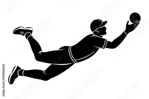 Baseball player diving silhouette illustration vector graphic on white background, baseball, player, diving, silhouette, vector, graphic, illustration, sport, action, athleticism, reaching, catching