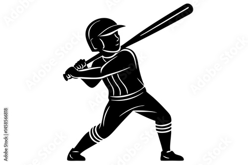 Child baseball player silhouette design in mid swing batting position vector, baseball, child, silhouette, player, batting, swing, sport, athlete, vector, design, action, youth, little league, uniform