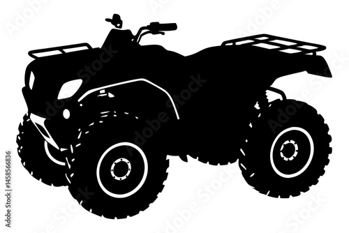 Black silhouette design of an atv viewed from a three quarter angle, atv, four wheeler, quad, vehicle, silhouette, transportation, offroad, off road, side view, three quarter, outline, design, vector