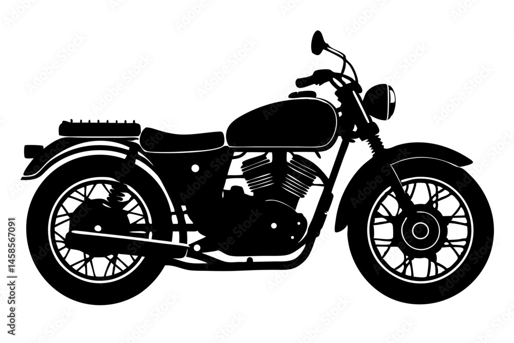 Fototapeta premium Silhouette of a vintage motorcycle on white with transparent background design, motorcycle, vintage, silhouette, side profile, vehicle, transportation, retro, classic, motorbike, biker, chopper