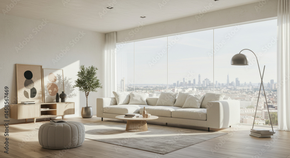 Fototapeta premium A bright and airy living room with a cityscape view, creating a relaxing ambiance.