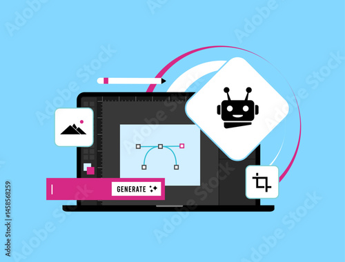 AI-powered design tools generate creative marketing materials with automation, branding and layout suggestions for business promotion. Ai design assistant vector illustration and icons
