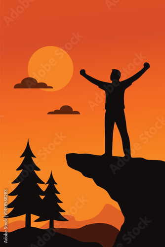 Man standing on mountain peak with arms raised celebrating success in a beautiful sunrise background. Perfect vector for hiking adventure outdoor travel and nature-themed motivation designs