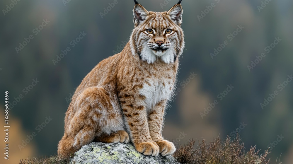 Obraz premium Wildcat perched on rock, autumnal backdrop