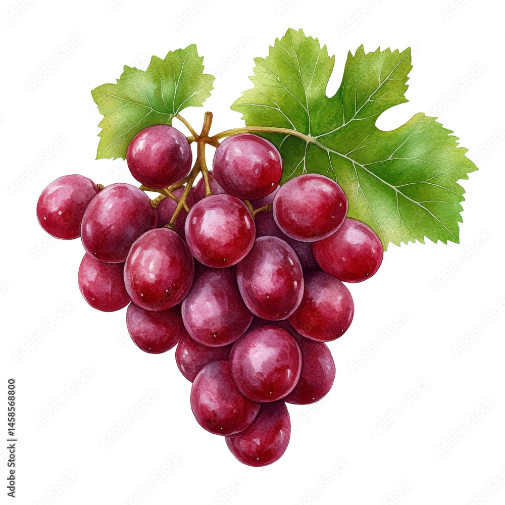 Fototapeta premium Fresh red grapes with green leaves isolated on white background, perfect for health and nutrition themes