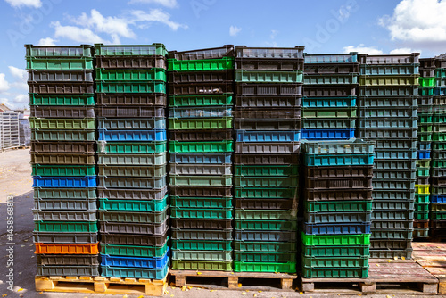 Stacked plastic crates in various colors (green, blue, orange) are neatly organized into tall columns on wooden pallets, used for storing and transporting agricultural products.
