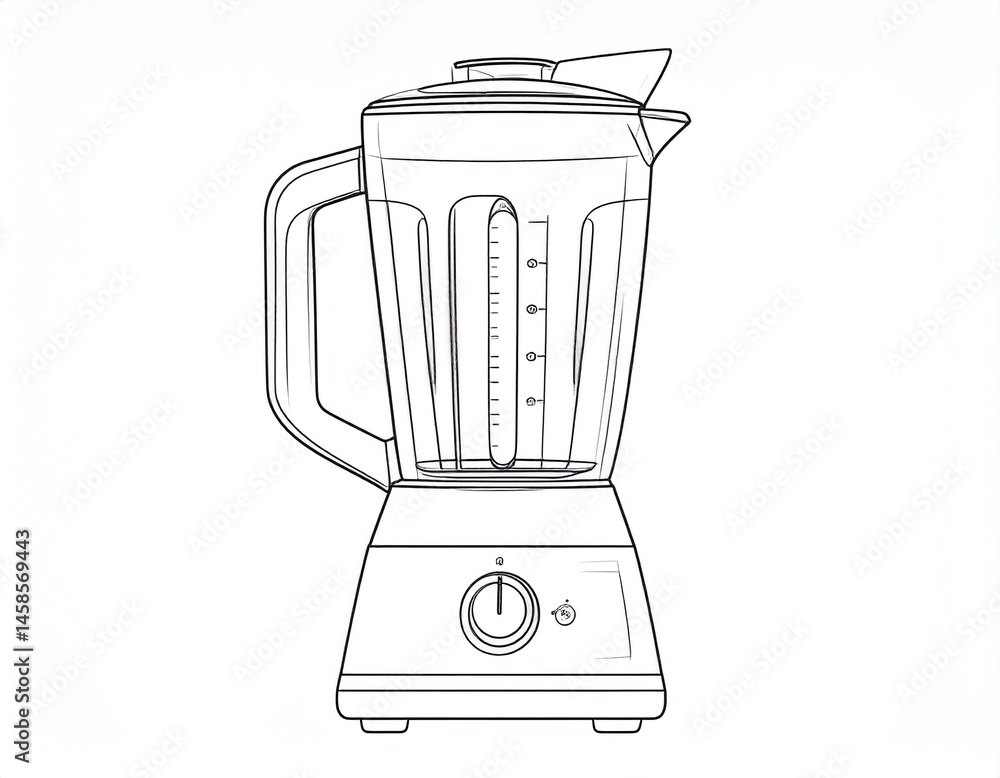 Illustration of a blender with a pitcher on a base, featuring a handle and controls Illustration of a blender with a pitcher on a base, featuring a handle and controls
