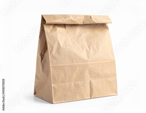 Brown paper bag stands upright, its top edge folded down, showing crumpled texture against a bright white background