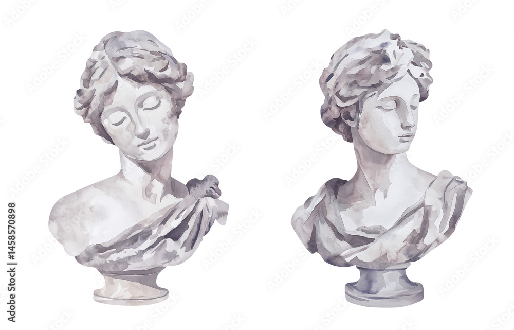 Obraz premium Marble bust of woman. Realistic watercolor illustration set of monumental stone sculpture of ancient times. Isolated clipart with clear even edge on transparent background