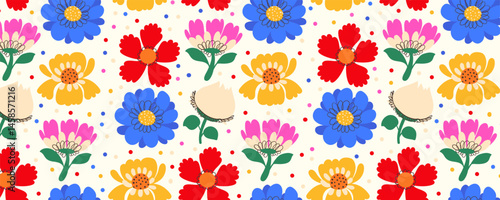 Floral Pattern with Cute Doodle Plants and Leaves. Seamless design with summer and spring florals isolated on white background. Delicate garden hand drawn design perfect for print, fashion, cards