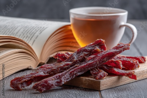 Savory Dried Meat Snack with Tea and Open Book on Wooden Surface