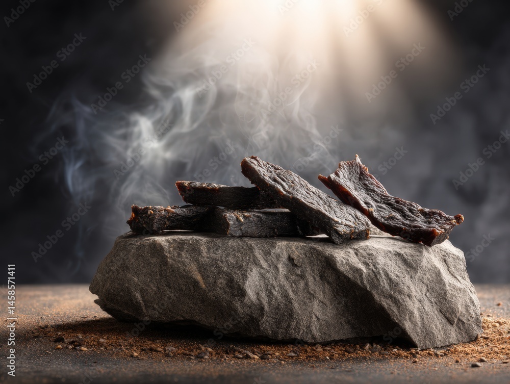 Smoky Dried Meat Pieces Resting on Rock Surface with Dramatic Lighting