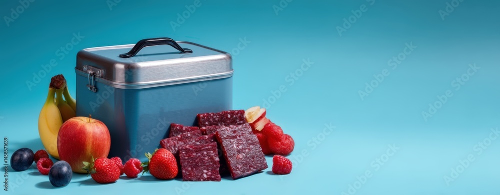 Colorful Lunchbox with Healthy Snacks and Fresh Fruits on Blue