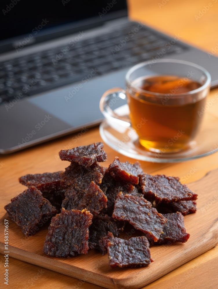 Delicious Homemade Jerky Piled on a Wooden Board Next to Tea