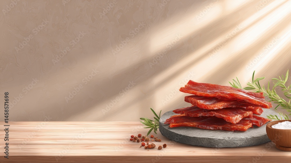 Freshly Dried Meat Stacks on Rustic Wooden Countertop with Herbs