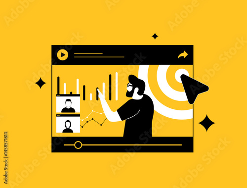 Webinar marketing helps attract and educate customers through engaging online seminars. Online webinar promotion, audience interaction and marketing growth strategy. Vector illustration and icons