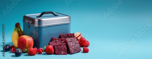 Colorful Lunchbox with Healthy Snacks and Fresh Fruits on Blue