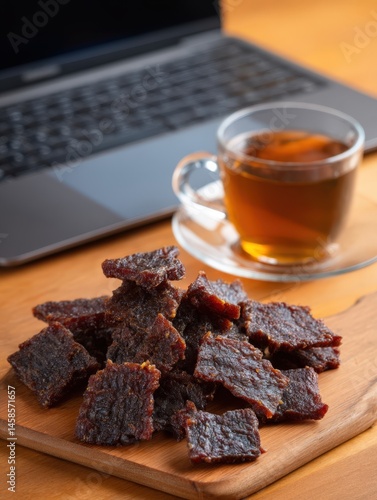 Obraz na płótnie Delicious Homemade Jerky Piled on a Wooden Board Next to Tea w salonie