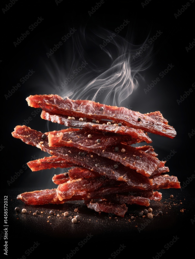 Delicious Stacked Beef Jerky with Smoke and Spices on Dark Background