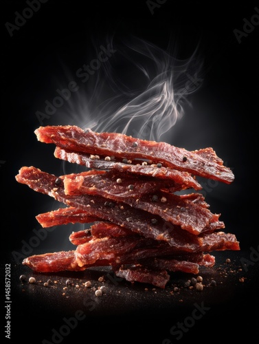Obraz na płótnie Delicious Stacked Beef Jerky with Smoke and Spices on Dark Background w salonie