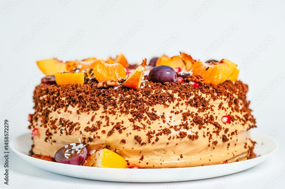 An inviting layered cake, beautifully decorated with fresh fruits and chocolate shavings.