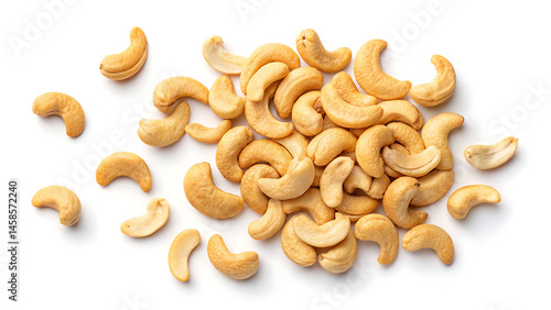 Golden roasted cashew nuts scattered on white background. Curved crescent shapes. Crunchy texture. Nutty flavor. Healthy snack. Rich in protein. Gourmet food. Natural ingredients. Organic produce