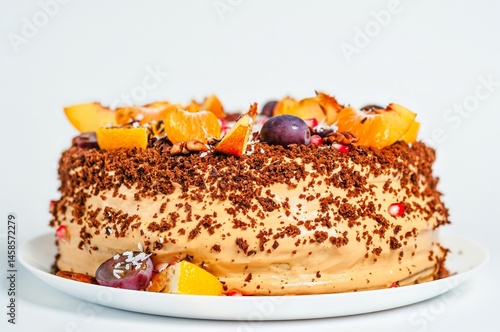 Obraz na płótnie An inviting layered cake, beautifully decorated with fresh fruits and chocolate shavings. w salonie