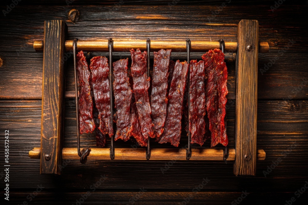 Savory Dried Meat Strips Hanging on Wooden Rack Against Dark Background