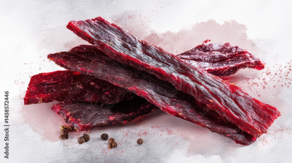 Dried Beef Jerky Strips on a Light Background with Seasoning Spices