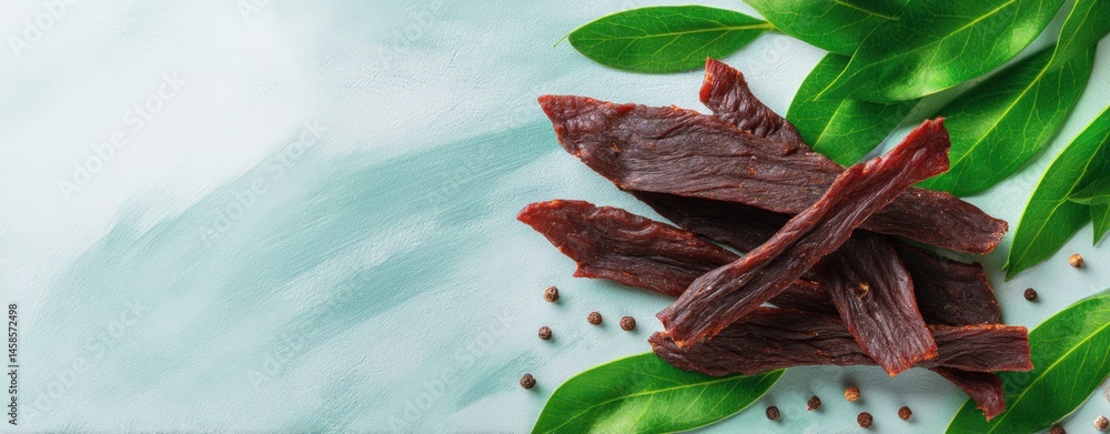 Savory Jerky Strips Surrounded by Fresh Green Leaves and Spices