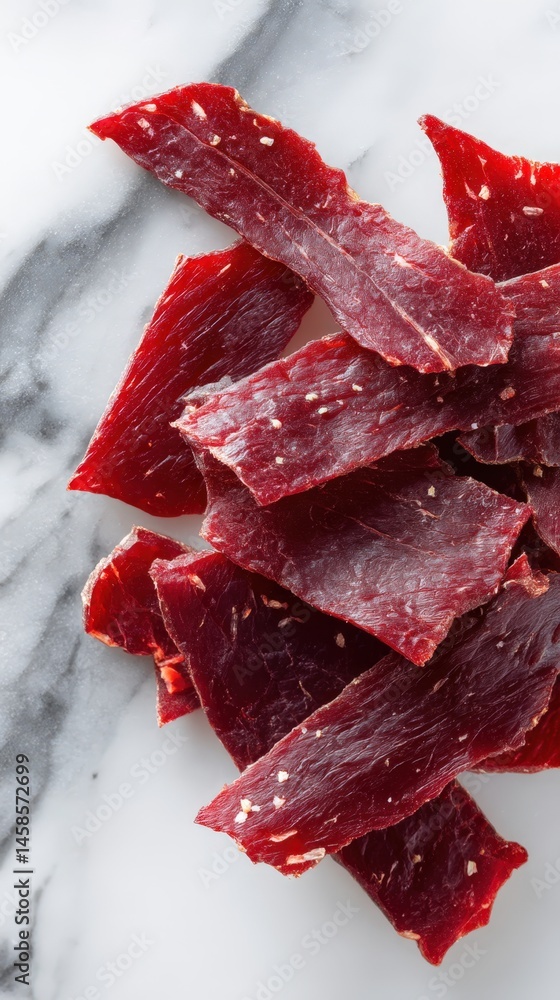 Dried Beef Jerky Slices on Marble Surface for Snack Photography
