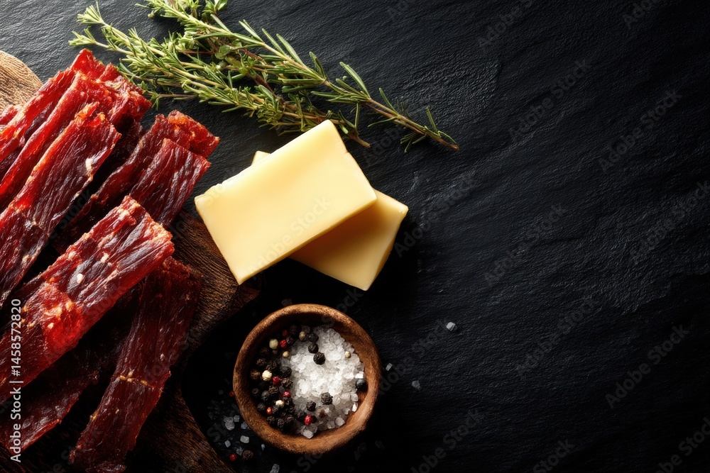 Savory Dried Meat Strips with Cheese and Fresh Herbs on Slate Surface