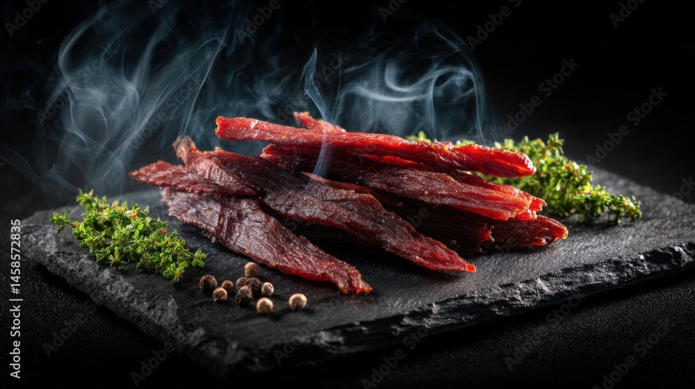 Smoked Jerky with Fresh Herbs on Dark Slate Background