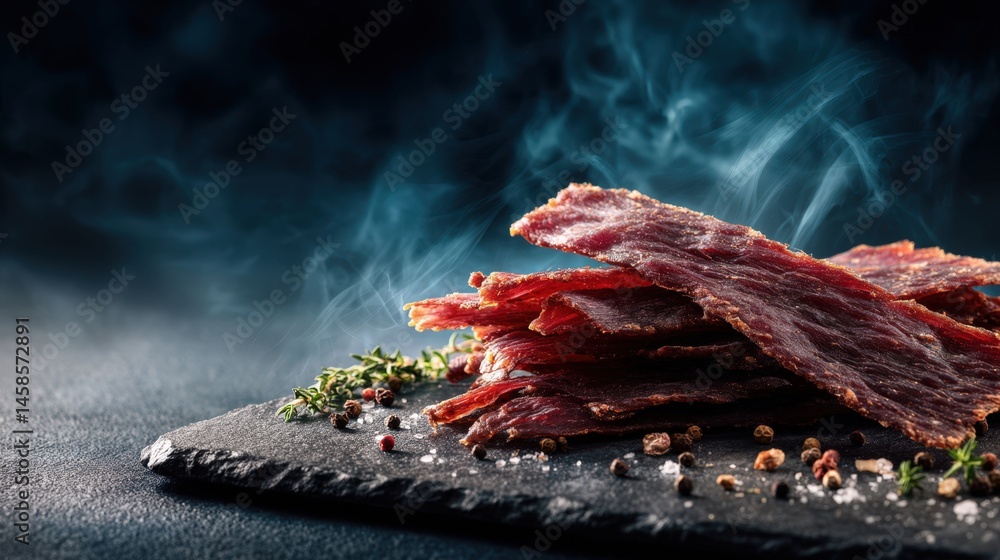 Savory Jerky Pieces on Dark Slate with Smoky Background Atmosphere