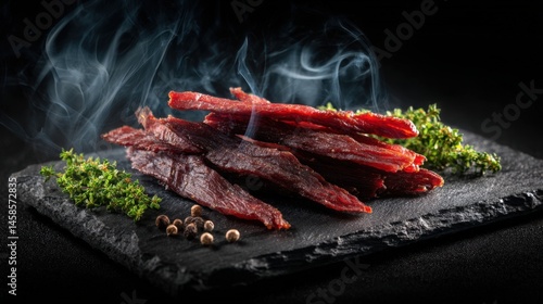 Obraz na płótnie Smoked Jerky with Fresh Herbs on Dark Slate Background w salonie