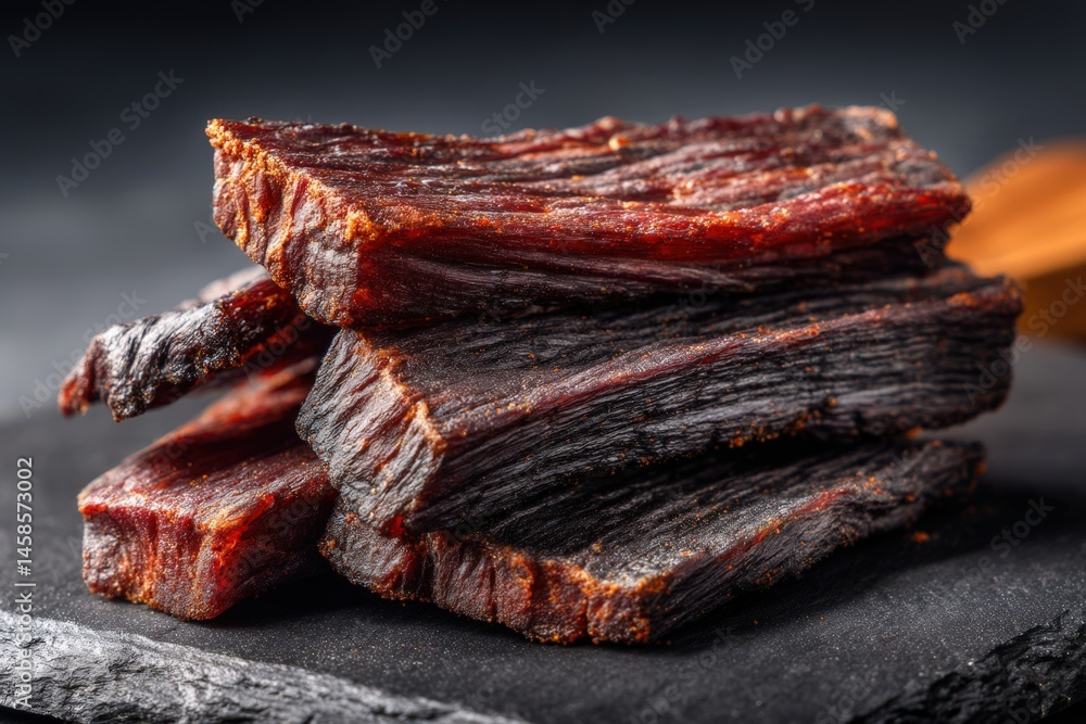 Savory Strips of Dried Beef Jerky on Dark Slate Background