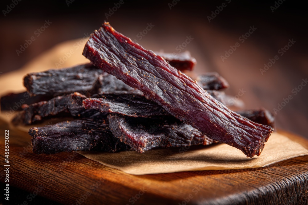 Delicious Beef Jerky Sticks on Wooden Board with Natural Lighting