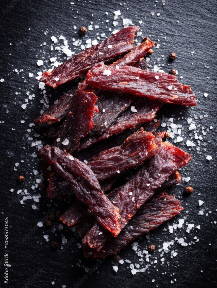 Sliced Dried Meat on Black Slate with Sea Salt and Peppercorns
