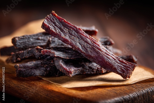 Obraz na płótnie Delicious Beef Jerky Sticks on Wooden Board with Natural Lighting w salonie