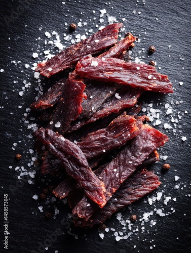 Obraz na płótnie Sliced Dried Meat on Black Slate with Sea Salt and Peppercorns w salonie