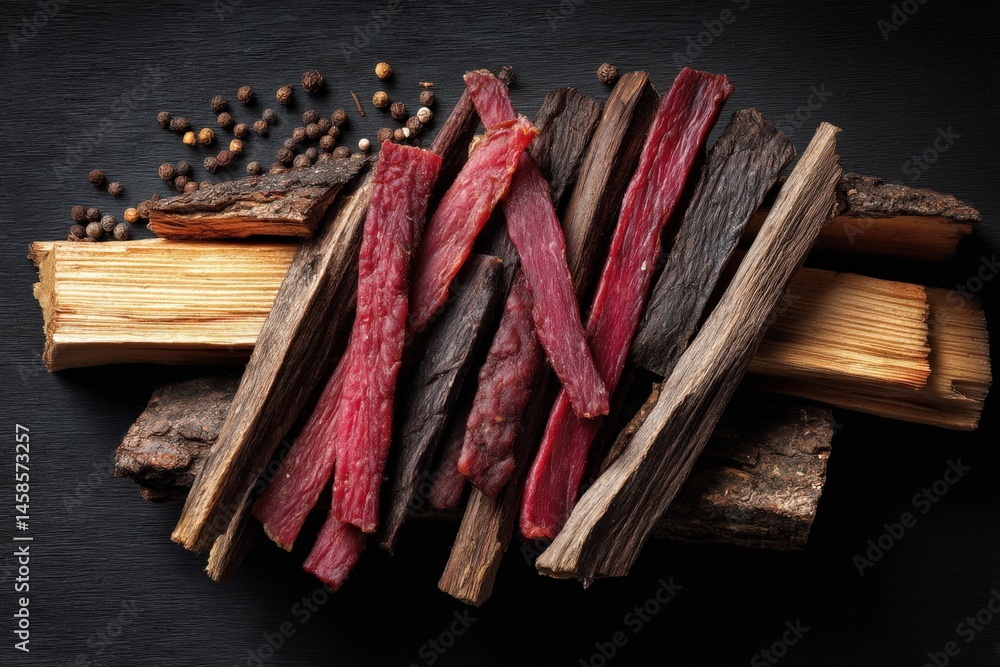 Assorted Strips of Dried Meat on Rustic Wooden Background