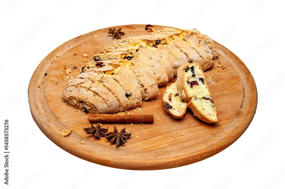 Freshly baked biscotti, elegantly sliced and served with spices on a wooden plate.