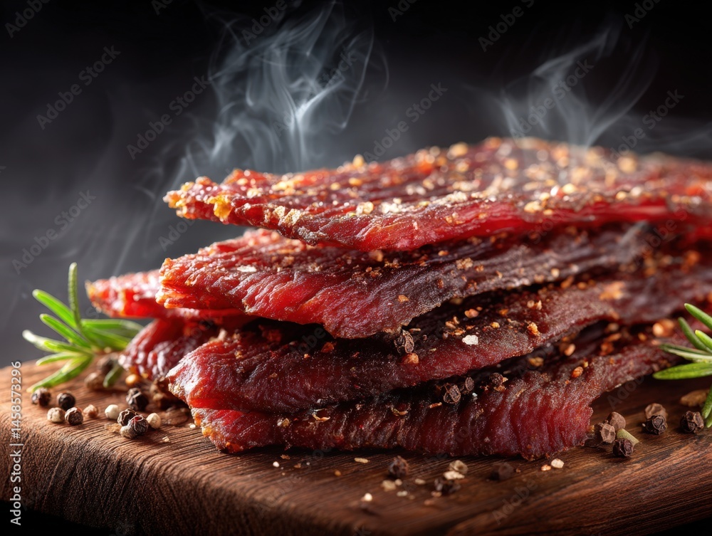 Delicious Smoky Beef Jerky Stacked on Wooden Board with Spices