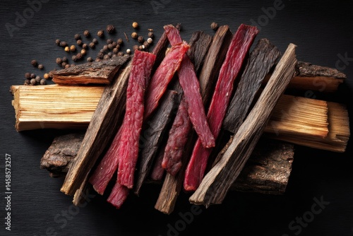 Obraz na płótnie Assorted Strips of Dried Meat on Rustic Wooden Background w salonie